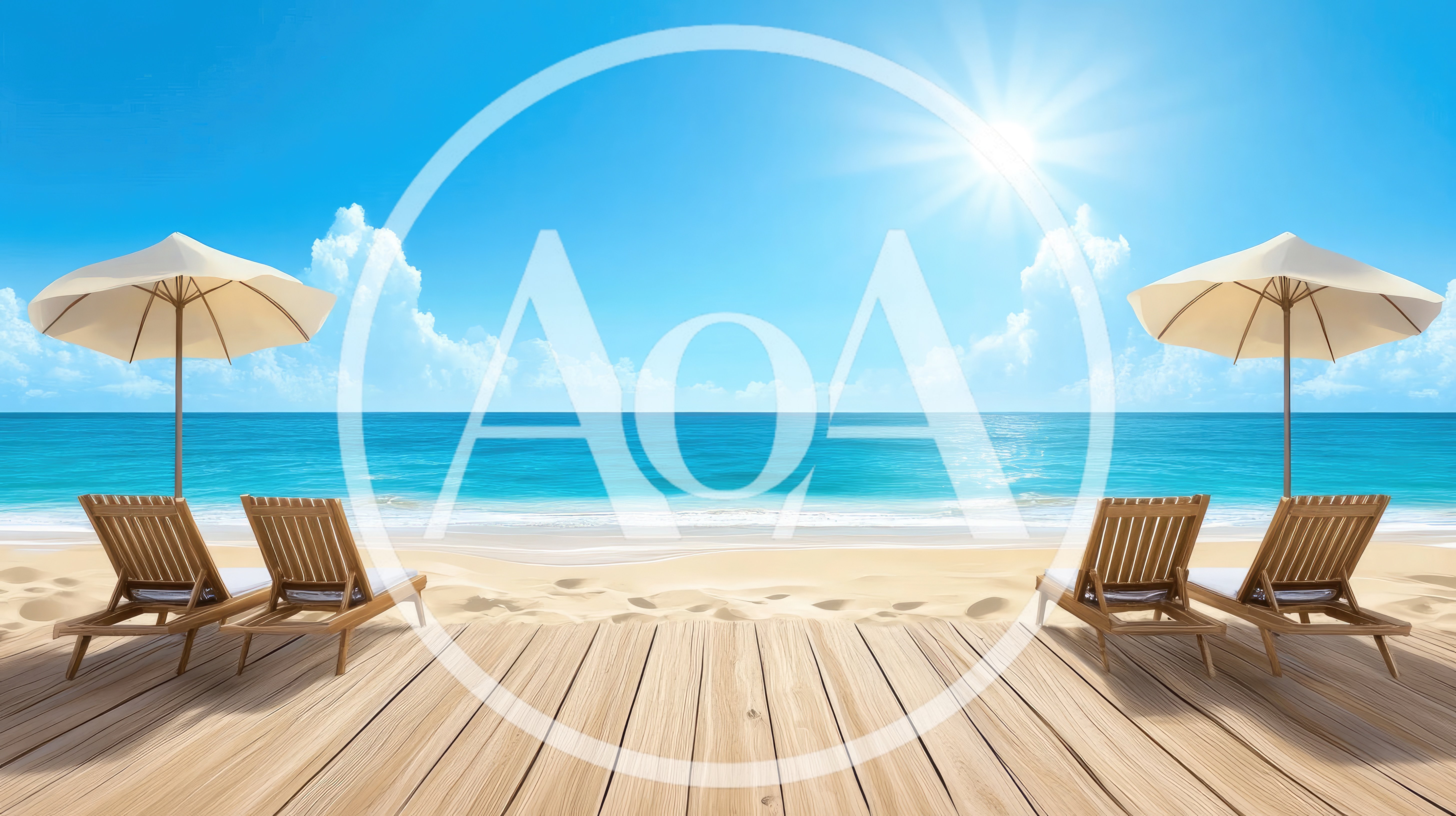 Empty Wooden Deck With Beach Chairs And Umbrellas