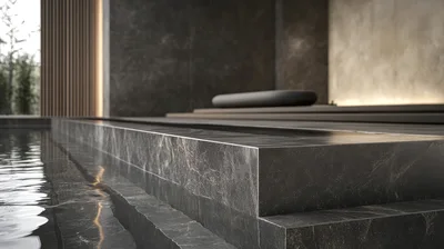 Modern Minimalist Indoor Pool With Dark Marble Steps