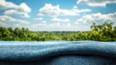 Blue Fabric Texture Against Blurred Nature Background