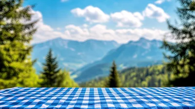 Picnic Table With Blue Gingham Cloth Overlooking Mountains