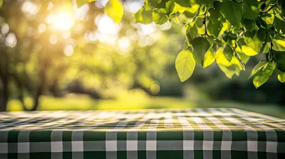 Empty Picnic Table With Green Gingham Cloth
