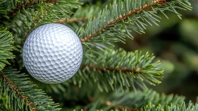 Golf Ball Resting on Pine Tree Branch
