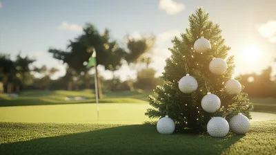 Christmas Tree Decorated With Golf Balls On Golf Course