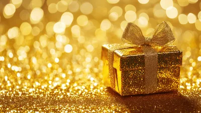 Golden Gift Box With Glittering Bow