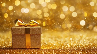 Golden Gift Box With Ribbon On Glittering Background