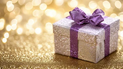 Silver Gift Box With Purple Ribbon On Gold Glitter