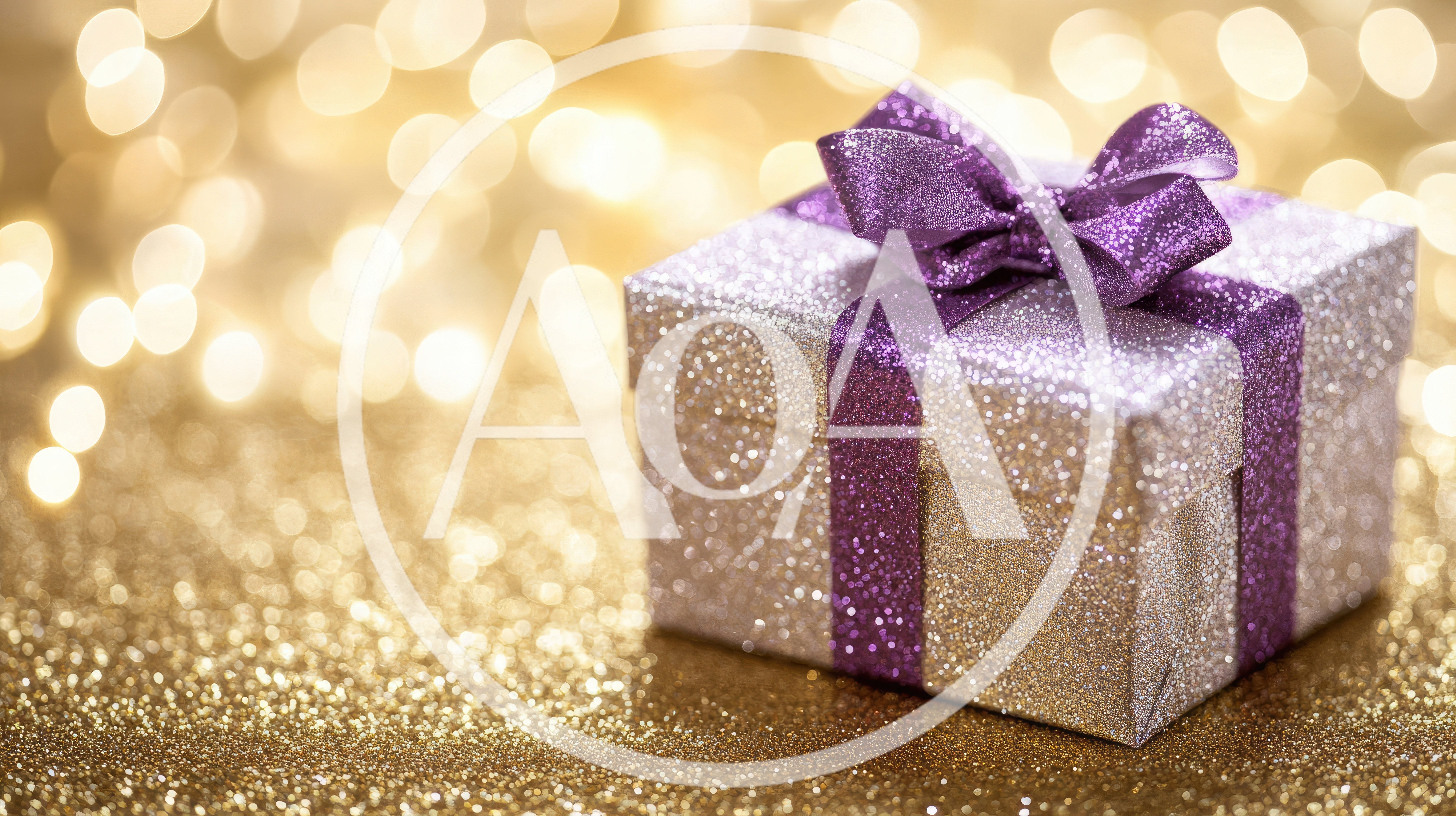 Silver Gift Box With Purple Ribbon On Gold Glitter