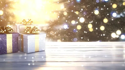 Christmas Gift Boxes on Wooden Table with Bokeh Lights