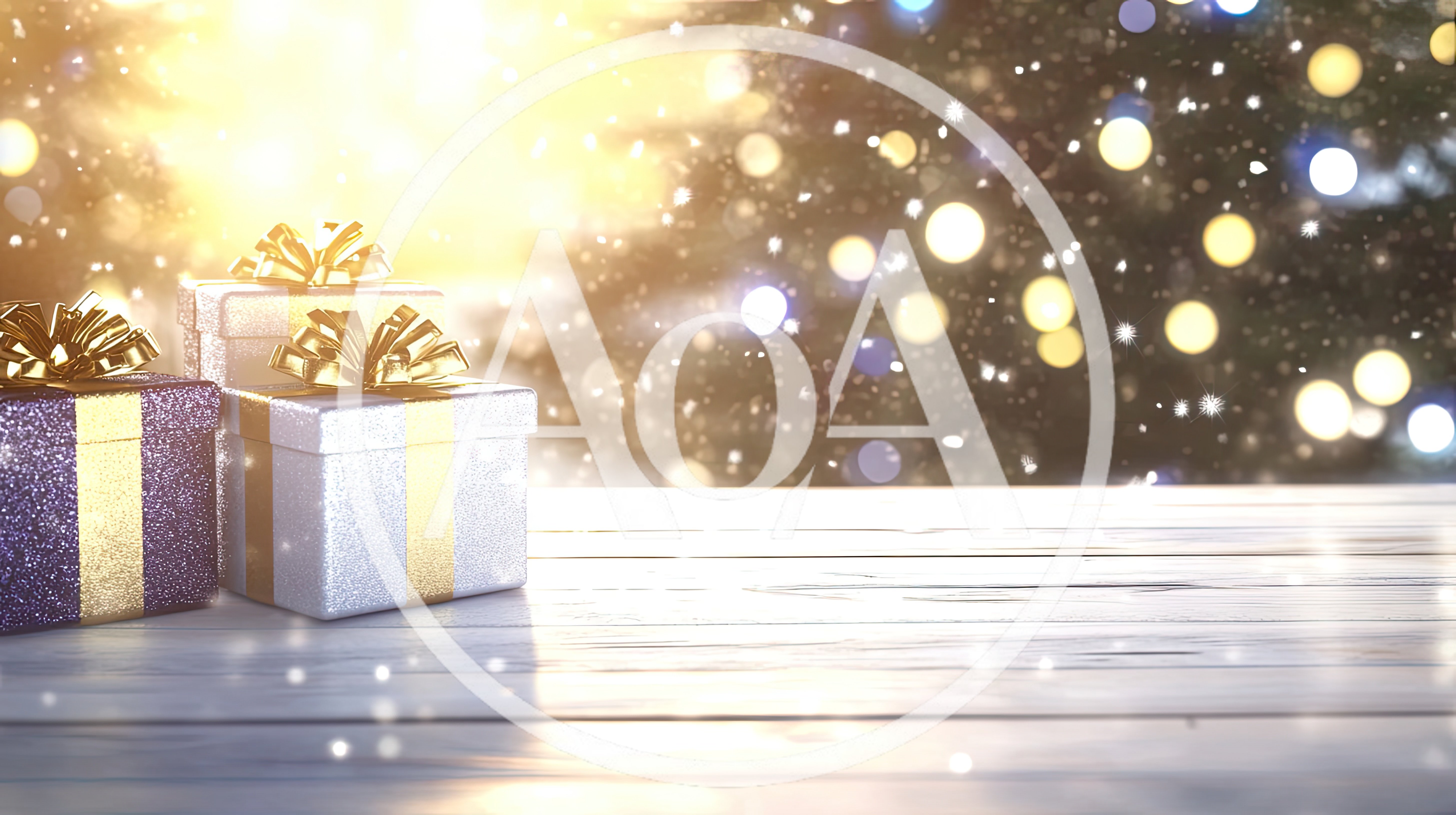 Christmas Gift Boxes on Wooden Table with Bokeh Lights