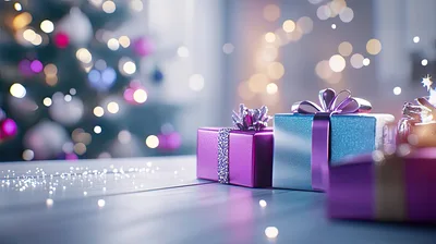 Christmas Gift Boxes With Bokeh Lights Background
