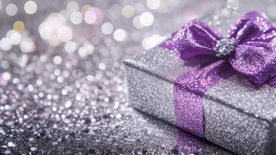 Silver Gift Box With Purple Ribbon On Glitter Background