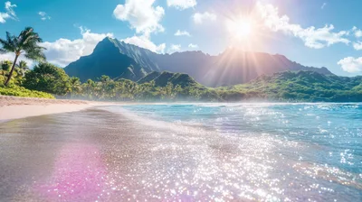 Sunlit Tropical Beach With Lush Mountain Backdrop