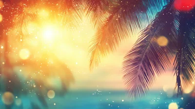 Tropical Palm Leaves Against A Glowing Sunset Sky