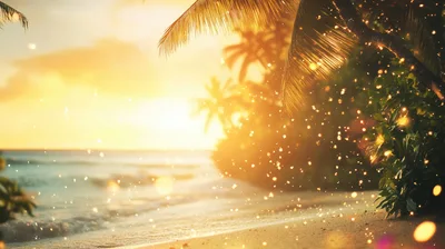 Golden Sunset Beach With Magical Floating Light Particles