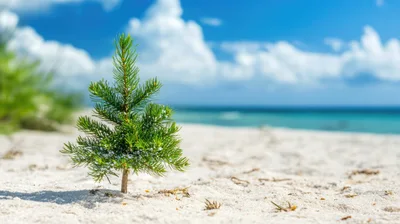 Small Pine Tree Growing On Tropical Beach