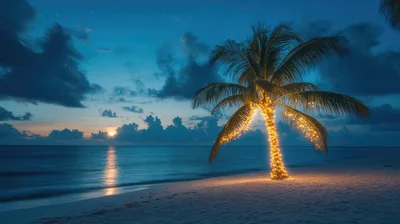 Illuminated Palm Tree On Tropical Beach At Twilight