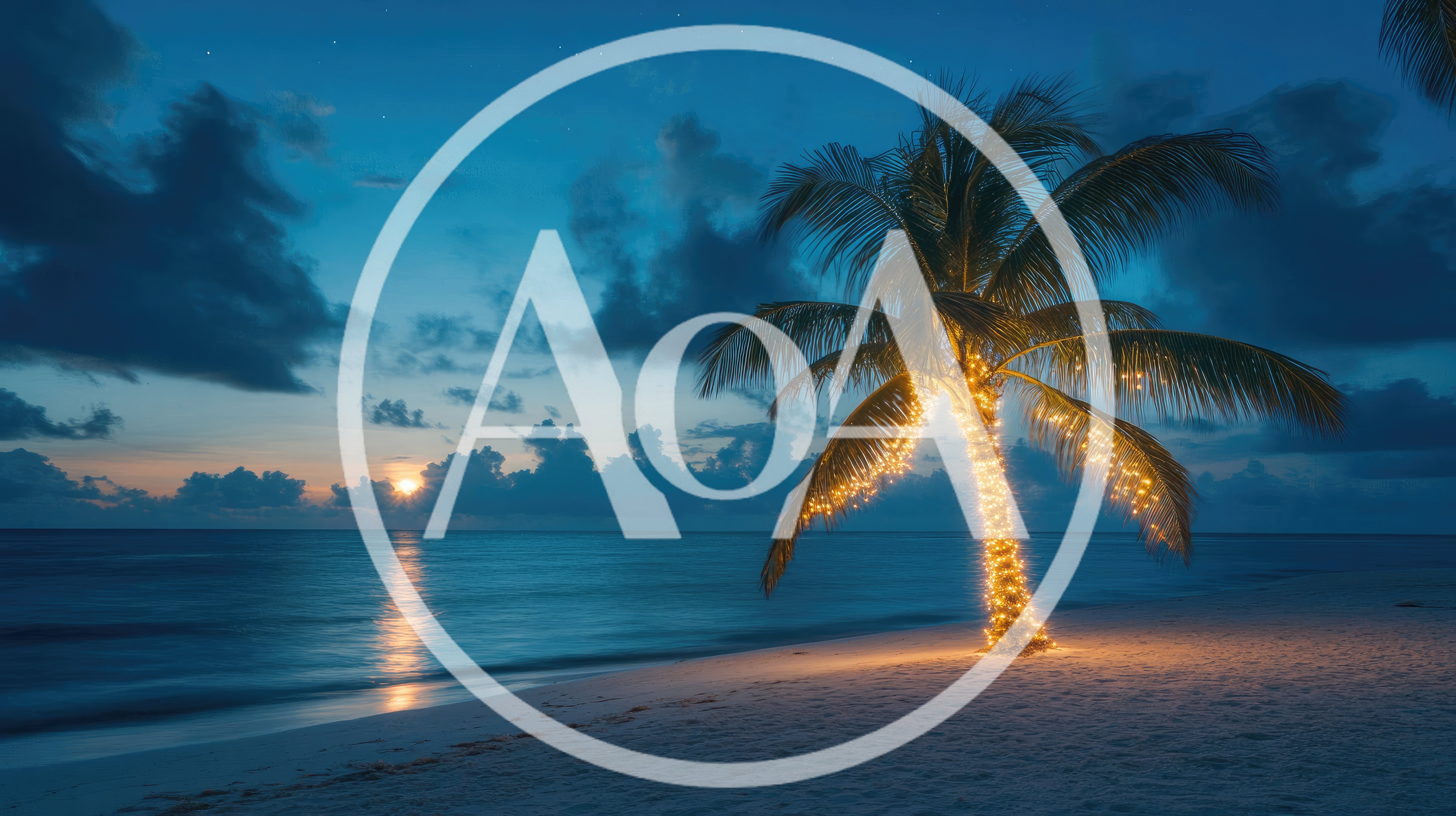 Illuminated Palm Tree On Tropical Beach At Twilight
