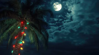Palm Tree Decorated With Christmas Lights Under Full Moon