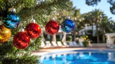 Christmas Ornaments Hanging on Tree by Tropical Pool
