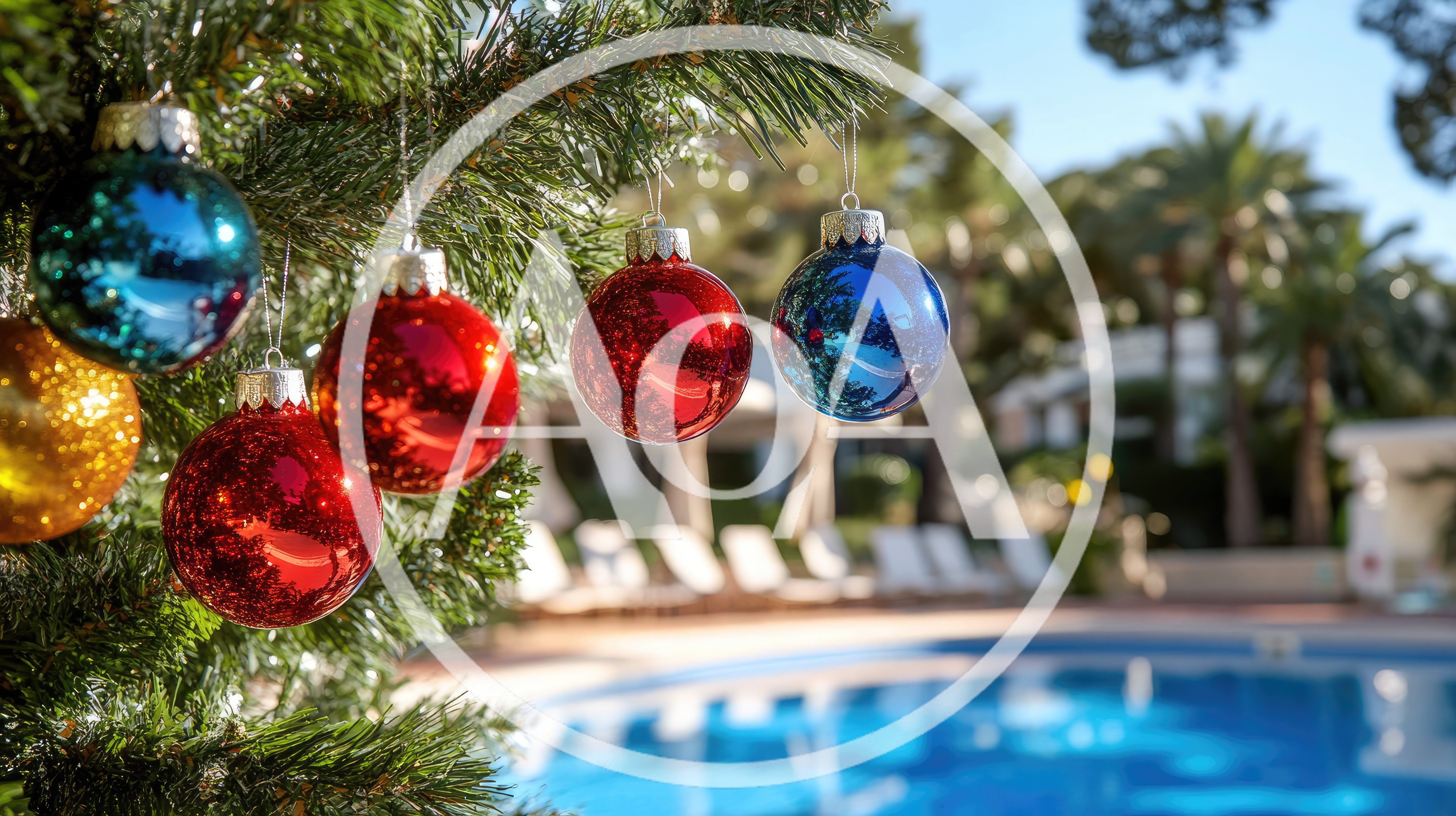 Christmas Ornaments Hanging on Tree by Tropical Pool