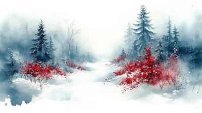 Watercolor Winter Forest Landscape With Red Berries