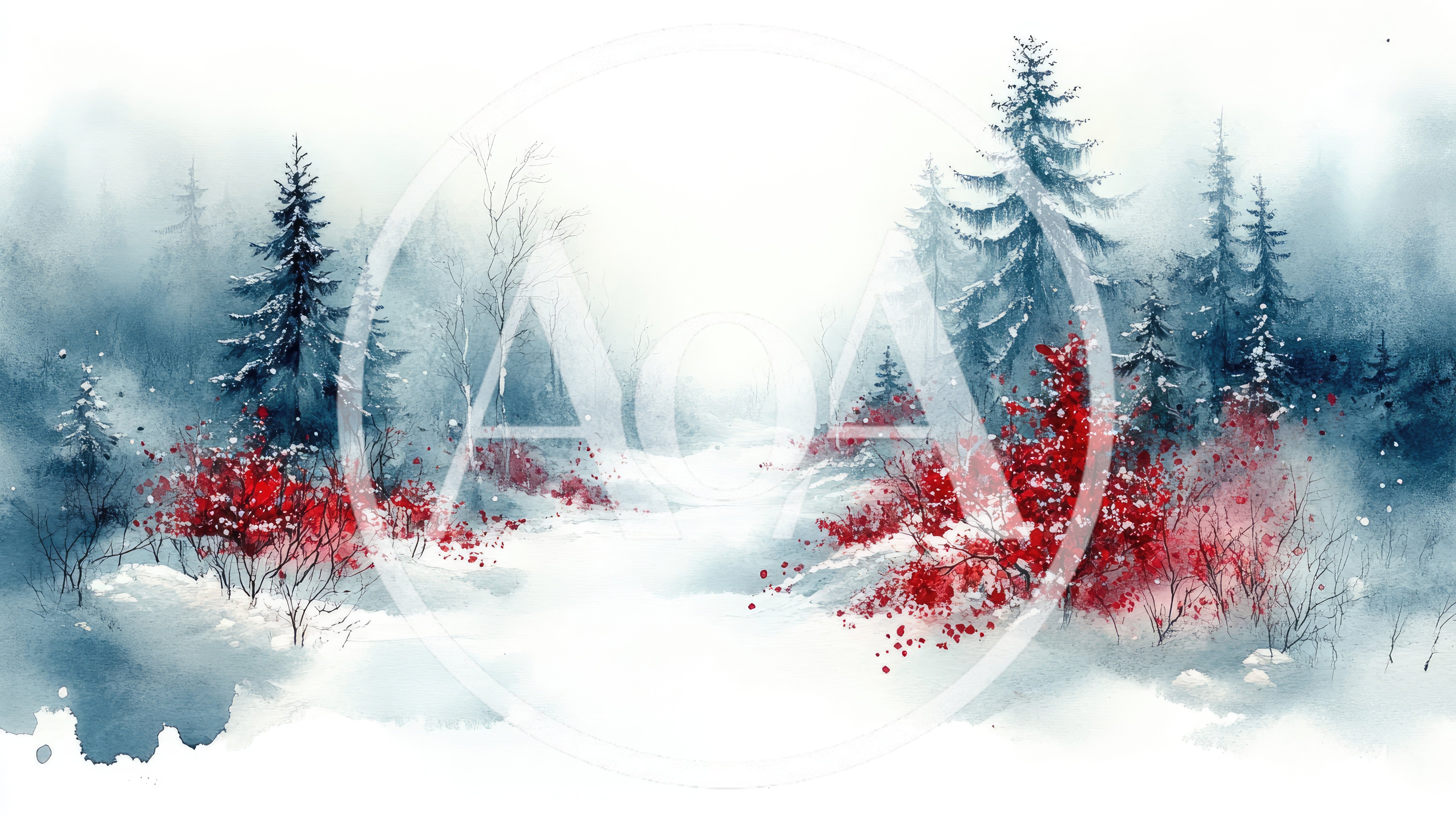 Watercolor Winter Forest Landscape With Red Berries
