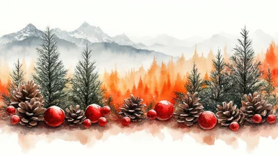 Watercolor Christmas Landscape With Pinecones And Ornaments