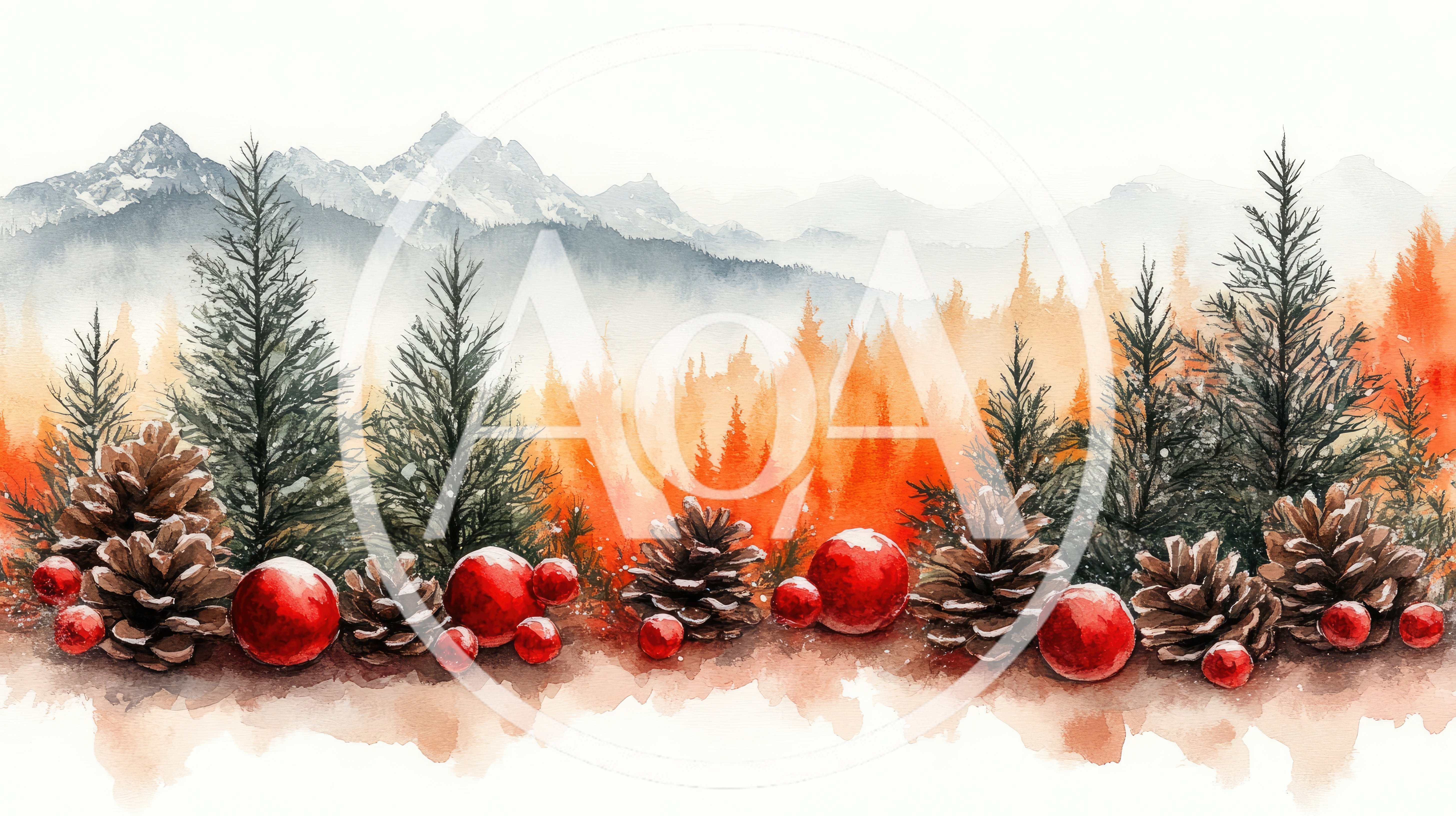 Watercolor Christmas Landscape With Pinecones And Ornaments