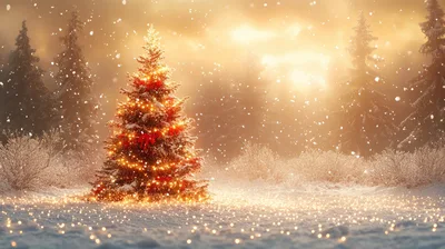Illuminated Christmas Tree In Snowy Winter Forest