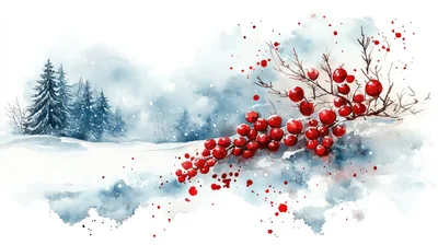 Watercolor Winter Landscape With Red Holly Berries