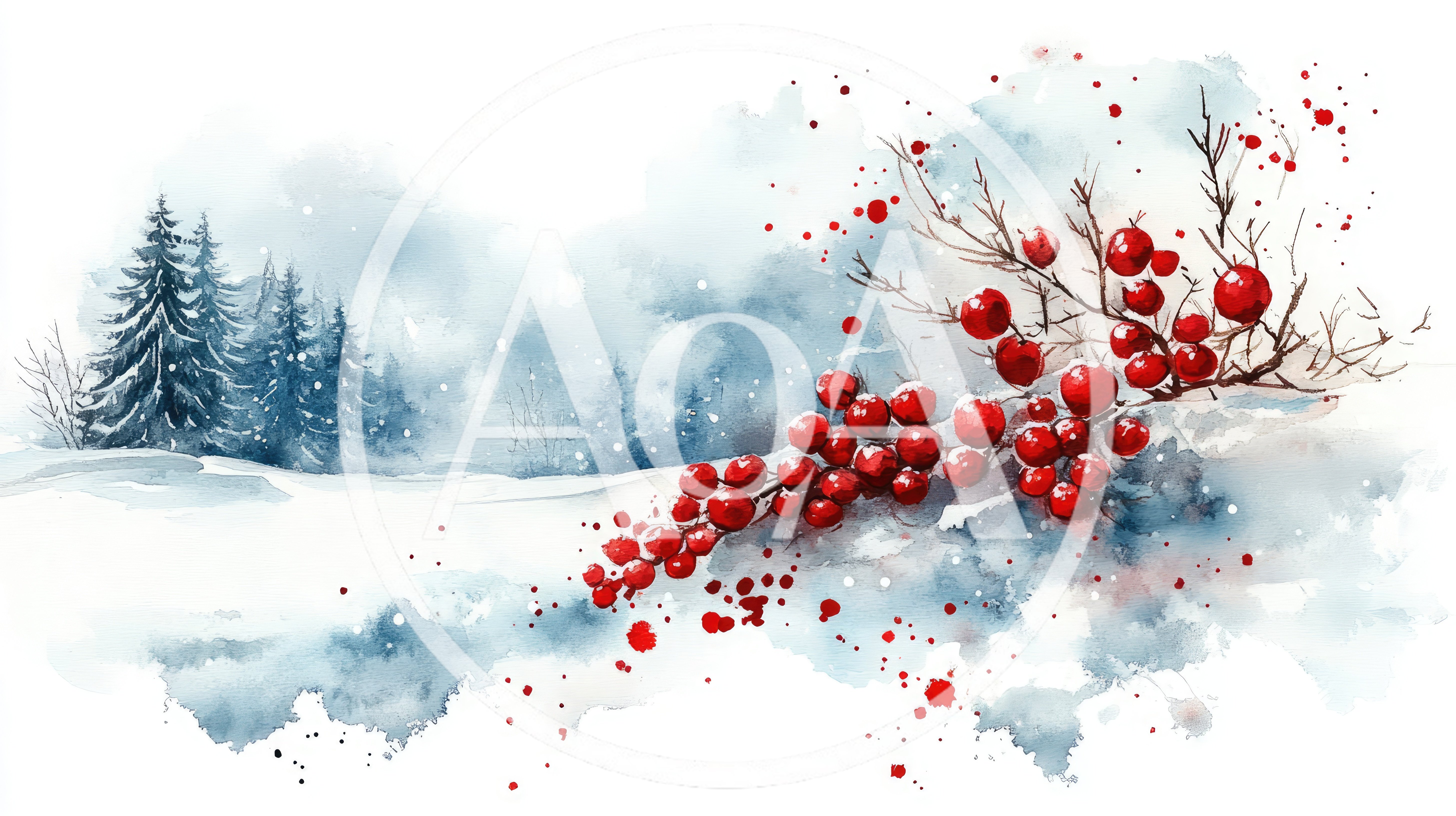 Watercolor Winter Landscape With Red Holly Berries