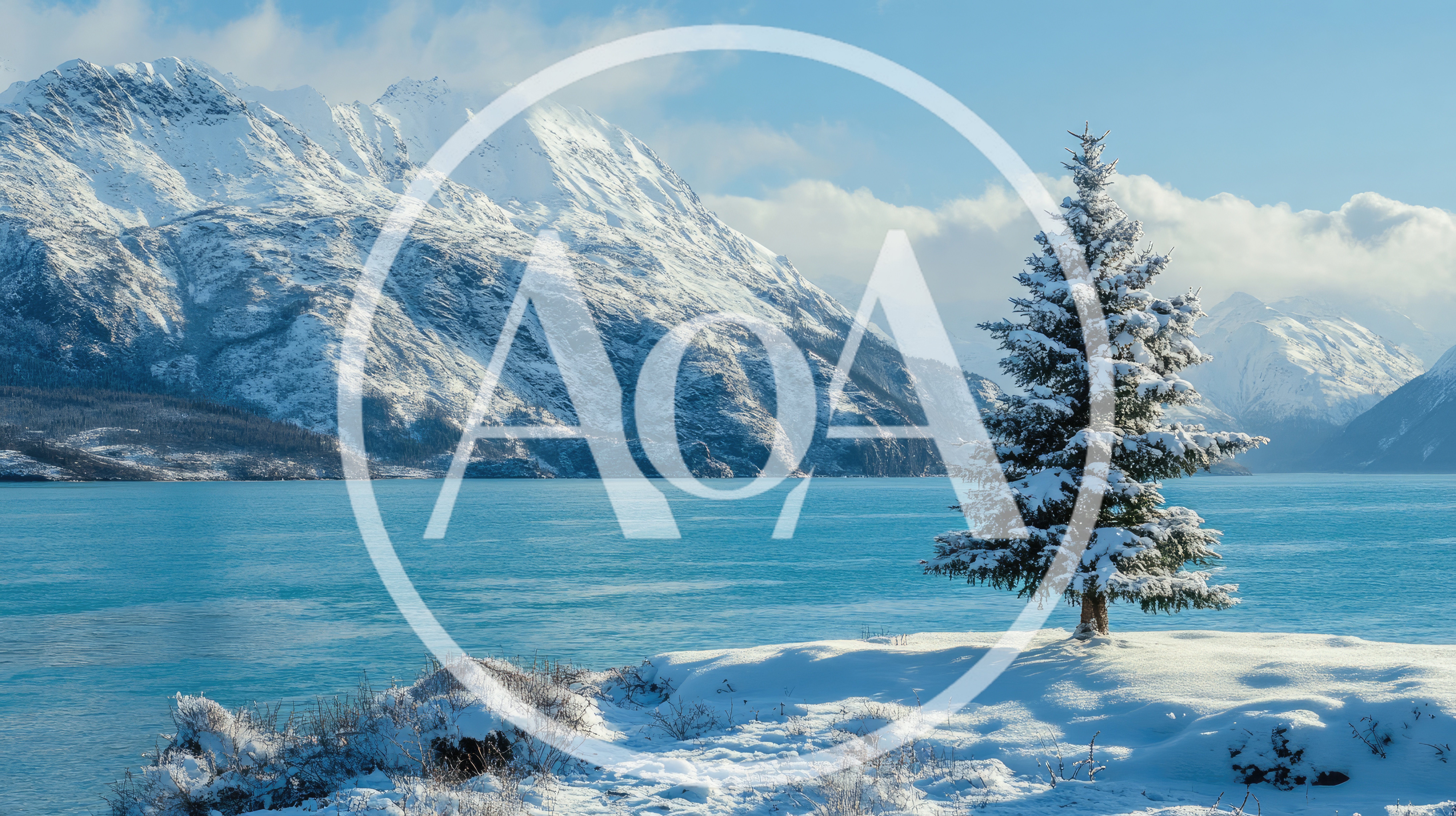 Snow Covered Pine Tree By A Glacial Lake