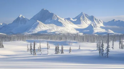 Snow Covered Mountains And Pine Forest In Winter