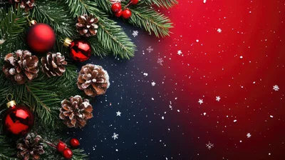 Christmas Pine Branches With Ornaments And Snowflakes