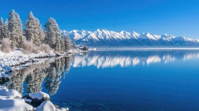Snow Covered Trees And Mountains Reflecting In Calm Lake