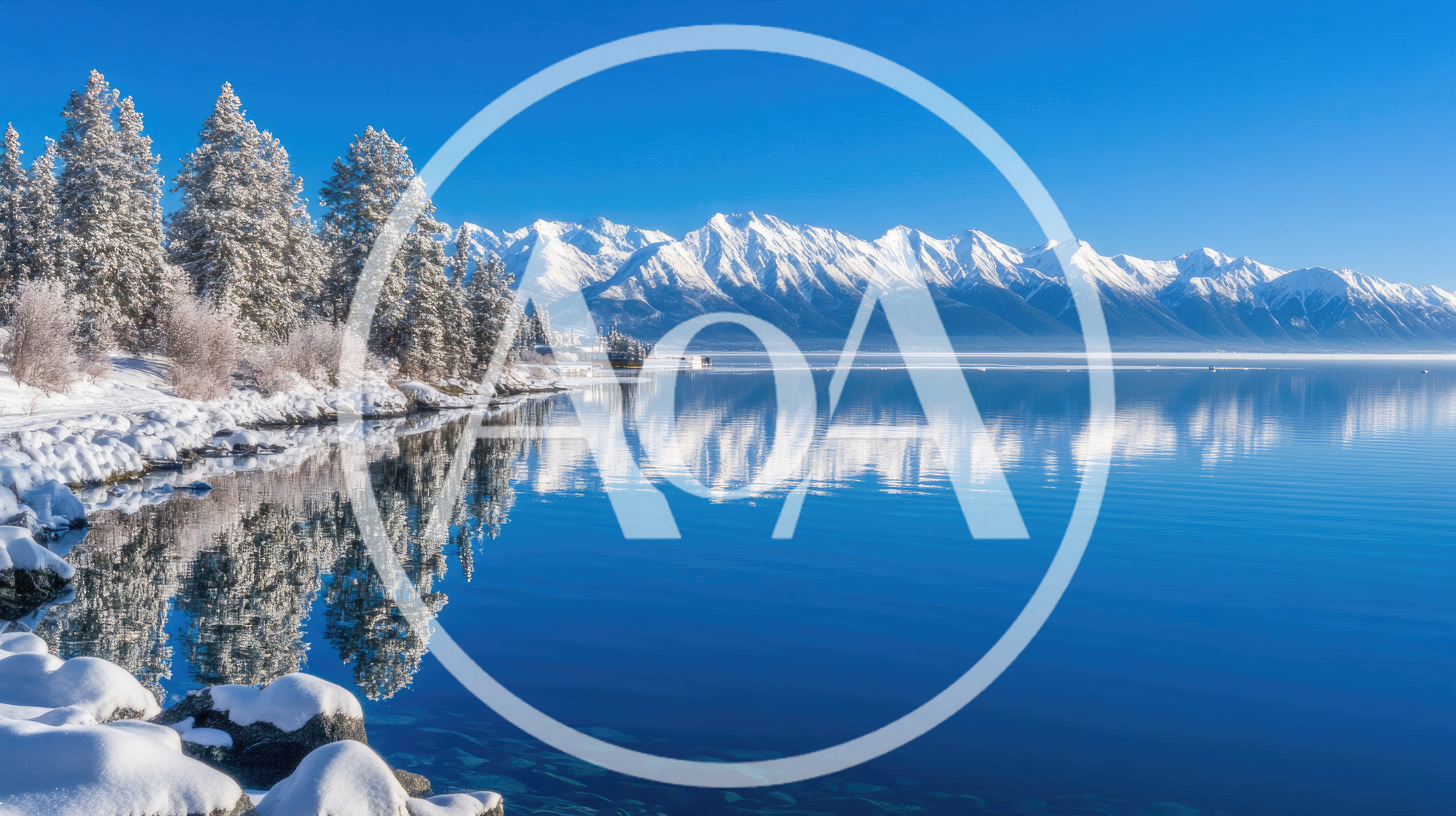 Snow Covered Trees And Mountains Reflecting In Calm Lake
