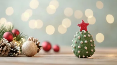 Christmas Tree Ornament With Red Star And Bokeh Background