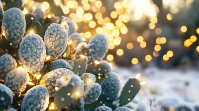 Snow Covered Prickly Pear Cactus With Christmas Lights