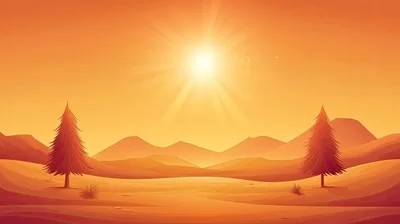 Stylized Desert Landscape With Pine Trees At Sunset