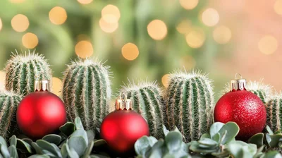 Cactus Plants Decorated With Red Christmas Ornaments
