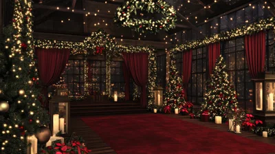 Festive Christmas Ballroom Decorated With Red Curtains And Lights