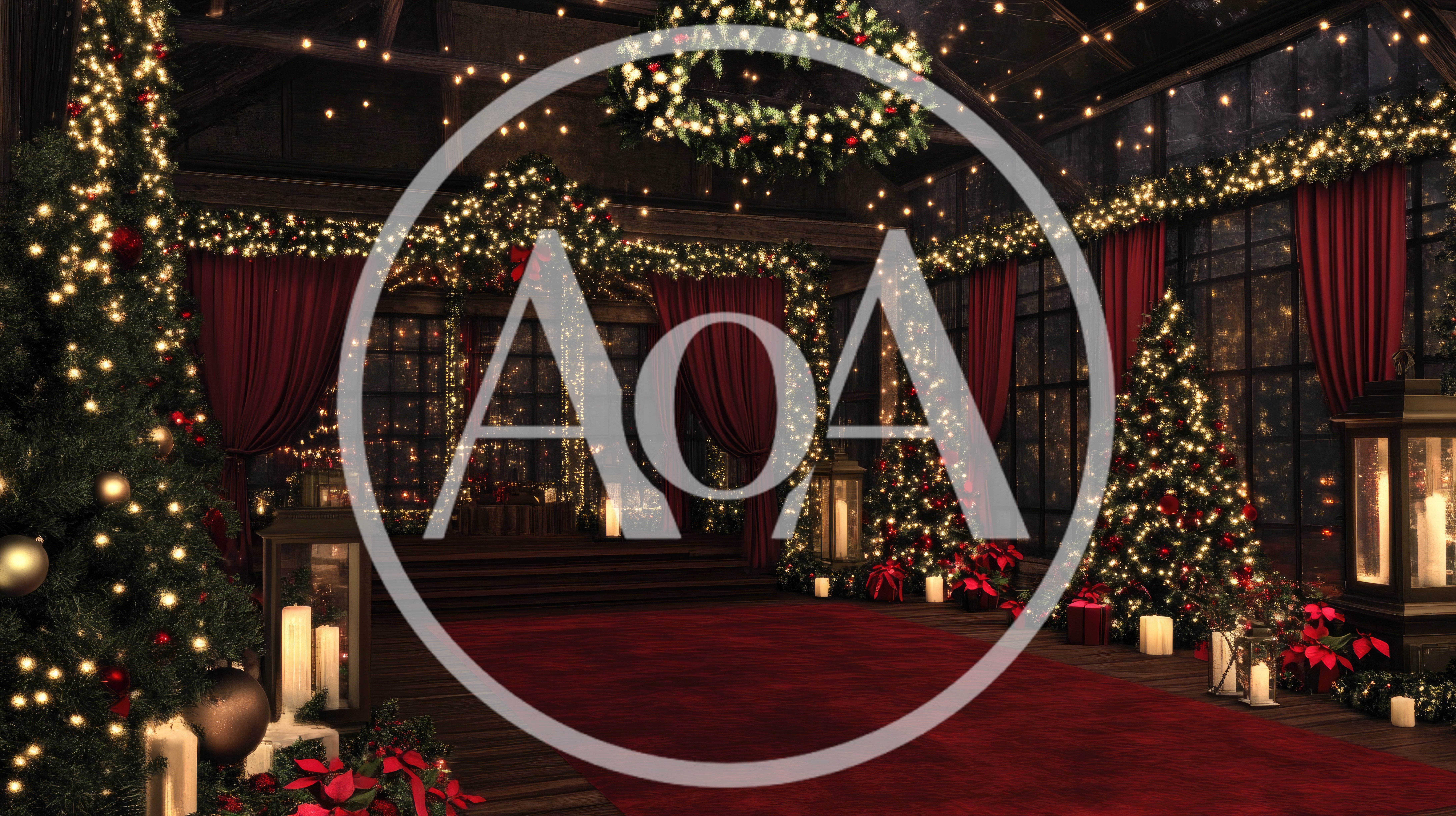 Festive Christmas Ballroom Decorated With Red Curtains And Lights