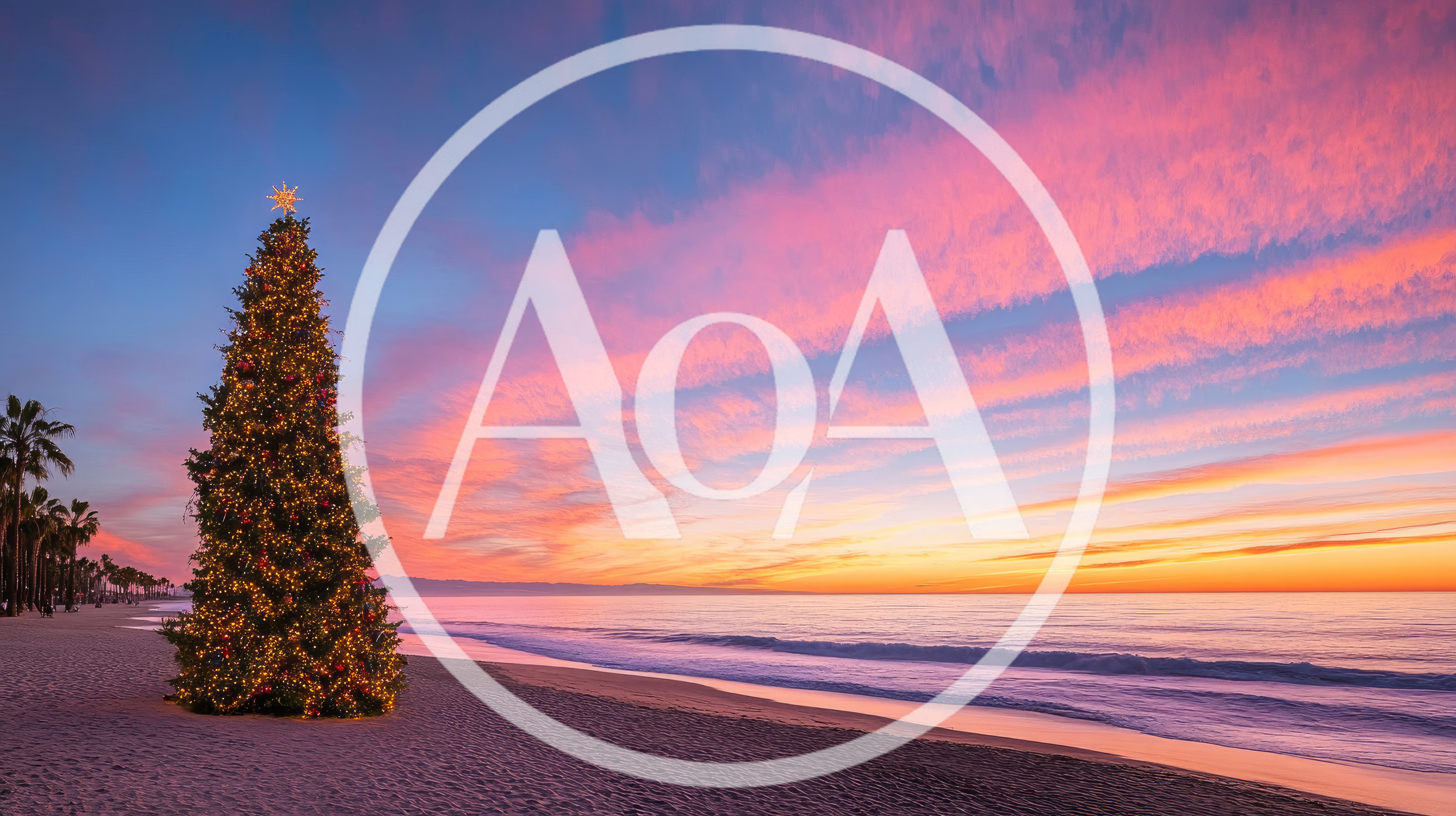 Christmas Tree Standing On A Sandy Beach At Sunset