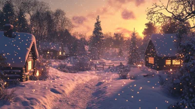Cozy Winter Village Scene With Falling Snow