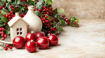 Christmas Decorations With Ceramic House And Red Ornaments