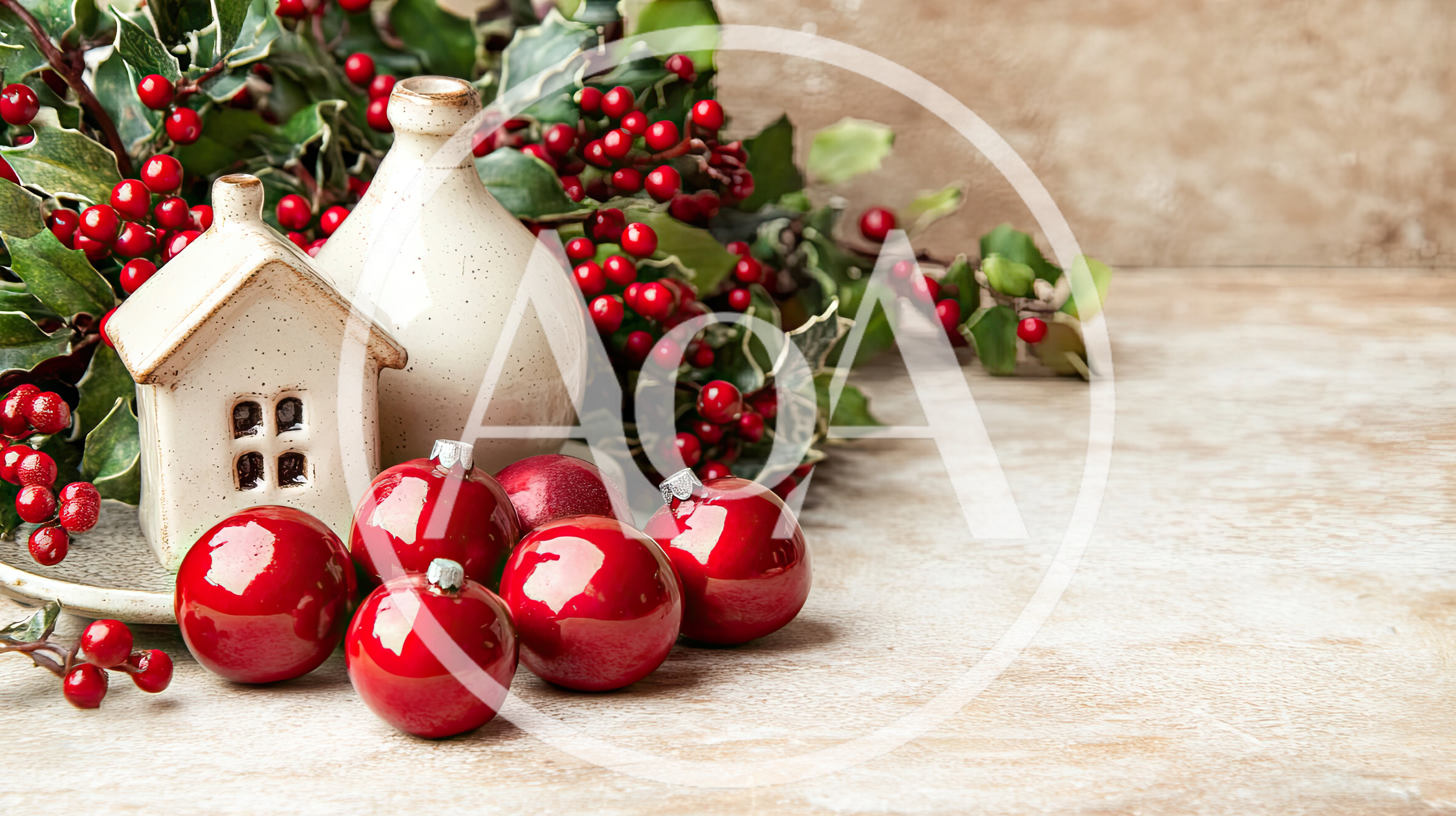 Christmas Decorations With Ceramic House And Red Ornaments
