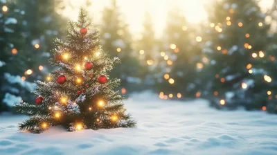 Small Decorated Christmas Tree In Snowy Forest