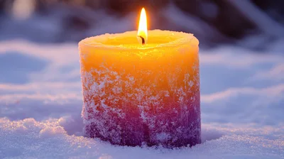 Lit Gradient Candle Resting In Fresh Snow