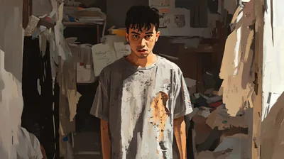Distressed Young Man Standing In A Cluttered Room