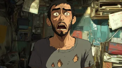 Shocked Man With Scruffy Beard In Dilapidated Room
